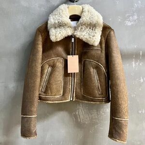 Brown Shearling Leather Effect Moto Jacket